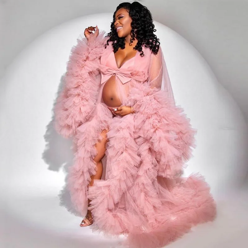 Уникальные платья Выпускной розовый тюль беременности и родам халаты Для женщин