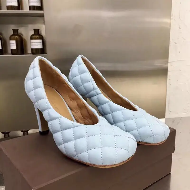 little blue Г. Пикантные Туфли с круглым носком, украшенные ромбовидным узором, с закрытым носком, на квадратном каблуке - Цвет: little blue