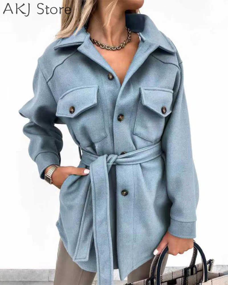 Осеннее Женское пальто на пуговицах с поясом повседневное длинным рукавом