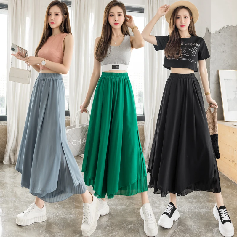 

Chiffon wide-leg pants women 2021 new summer thin section high waist loose and thin split nine-point pleated skirt pants