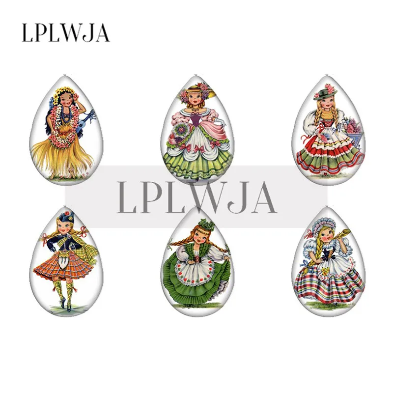 

LPLWJA Ethnic Girl Pattern Tear Drop Shape Hawaii England Italy France Girls Glass Cabochon Printed Photo DIY Jewelry Findings