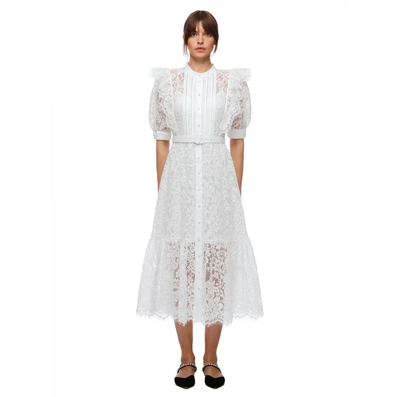 

Женское однобортное платье-рубашка средней длины, дизайнерское белое кружевное элегантное платье с вырезом и коротким рукавом, лето