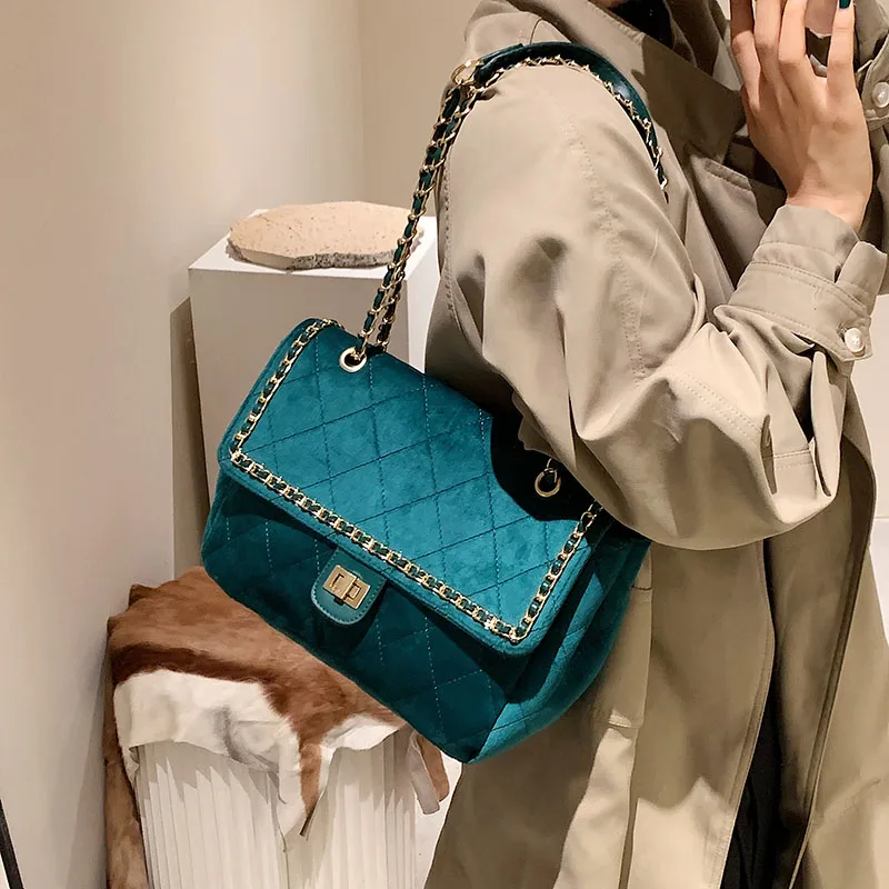 

Vintage Lingge Chain Suede Leather Big Shoulder Bags Designer Quilted Lady Handbag Casual Crossbody Bag Large Capacity Tote 2021