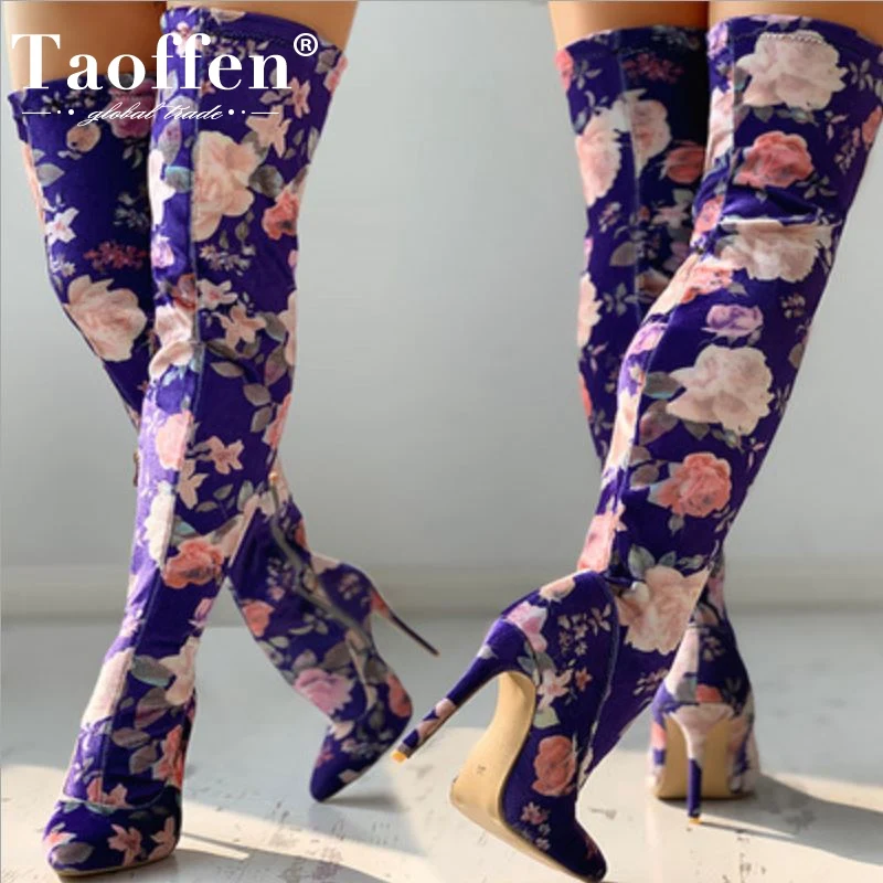 

TAOFFEN Woman Over Knee Boots Flower Print Thin Heel Woman Long Boots Fashion Ladies Winter Shoes Party Footwear Size 34-43