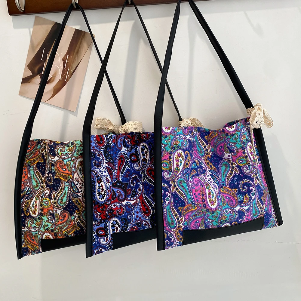

Модные сумки-тоуты в этническом стиле для женщин, шелковый шарф, Холщовая Сумка для покупок с принтом на плечо, Повседневная Женская вместит...