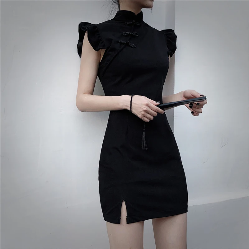

Summer Women Gothic Solid Sleeveless High Waist A-Line Dress Vintage Mandarin Collar Empire Ruffles Above Knee Dress Vestidos