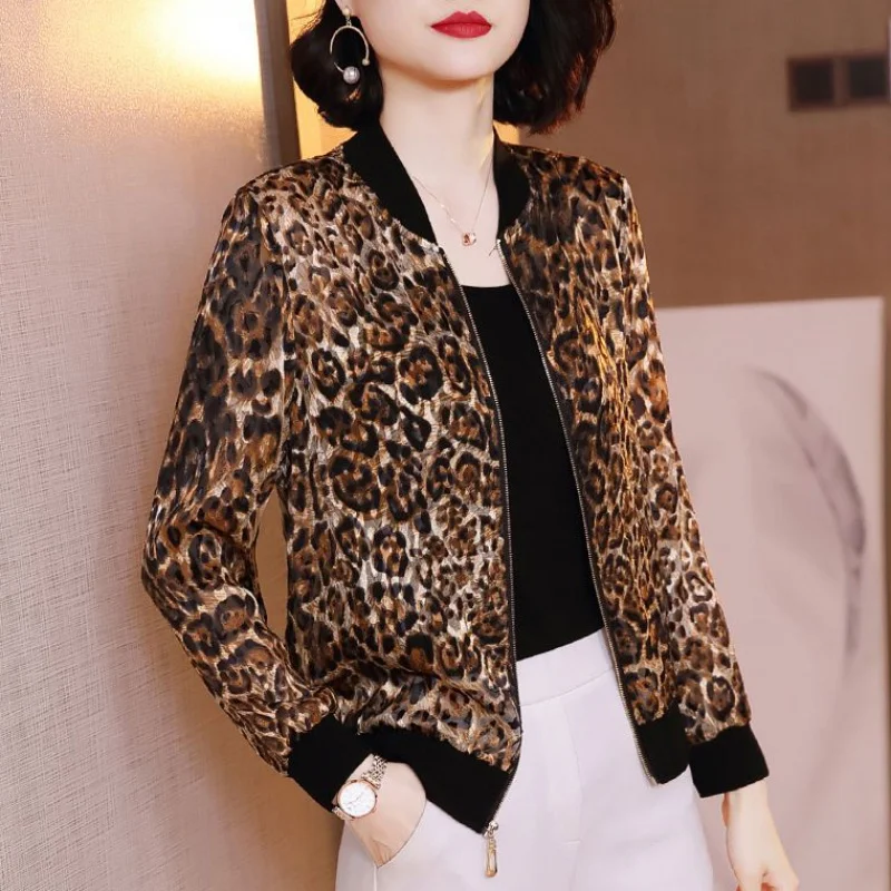 

2022 Summer Leopard Print Jacket Women Long Sleeve Zipper Baseball Bomber Jacket Sunscreen Short Coats Female Outwear Clothes