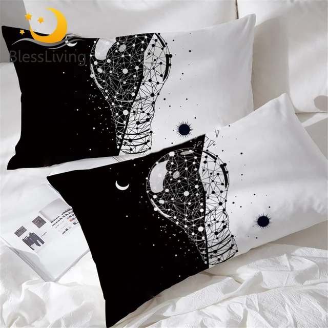 BlessLiving Earth Bulb Pillowcase Black White Stylish Pillow Case Day and Night Pillow Cover Constellation Sun and Moon Bedding 1