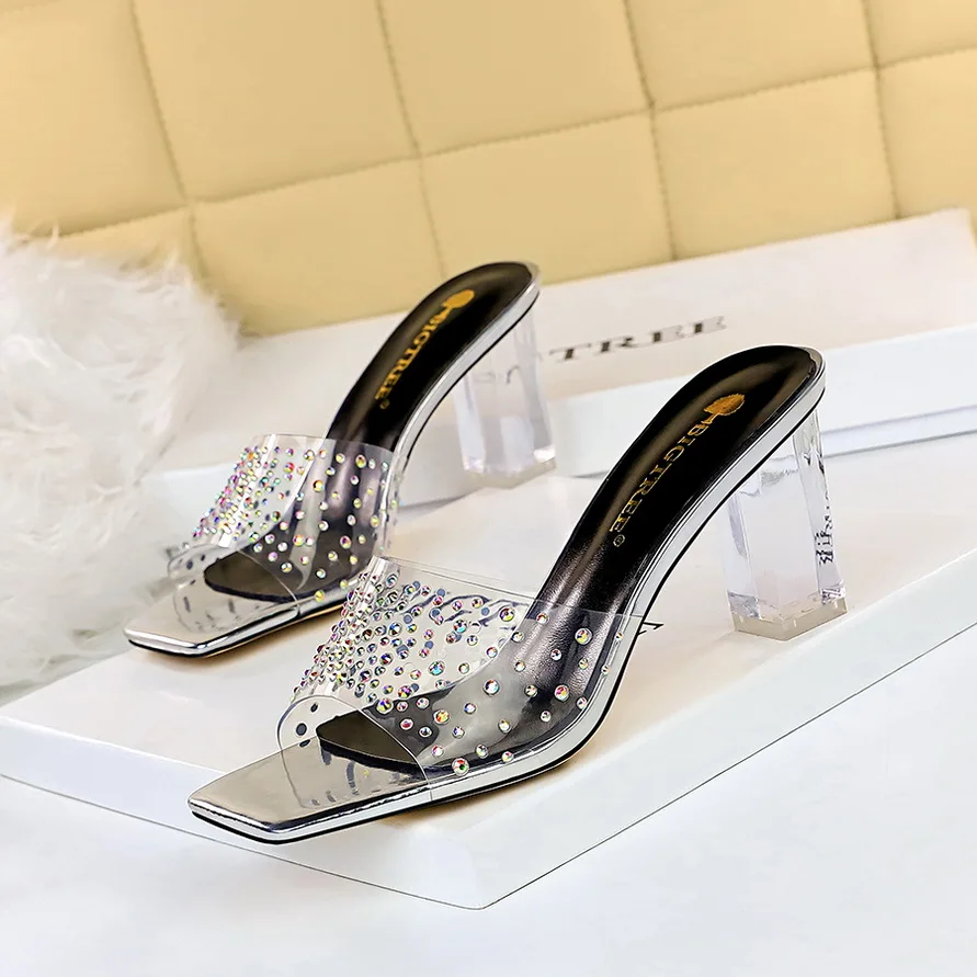 

BIGTREE Summer Elegant Women 7cm Clear High Heels Slippers Mules Designer Open Toe Glitter Crystal Slides Mujer Party Bride Shoe