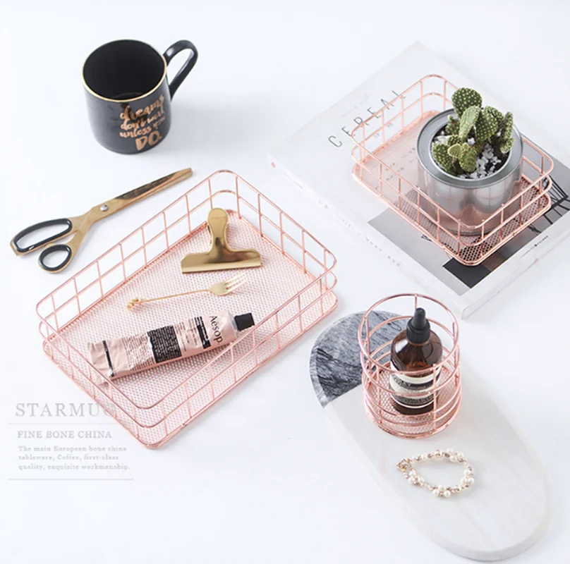 Nordic Rose Gold Metal Storage Basket Iron Hanging Vintage Jewelry Holder Organizer Rack Desktop Decor | Дом и сад
