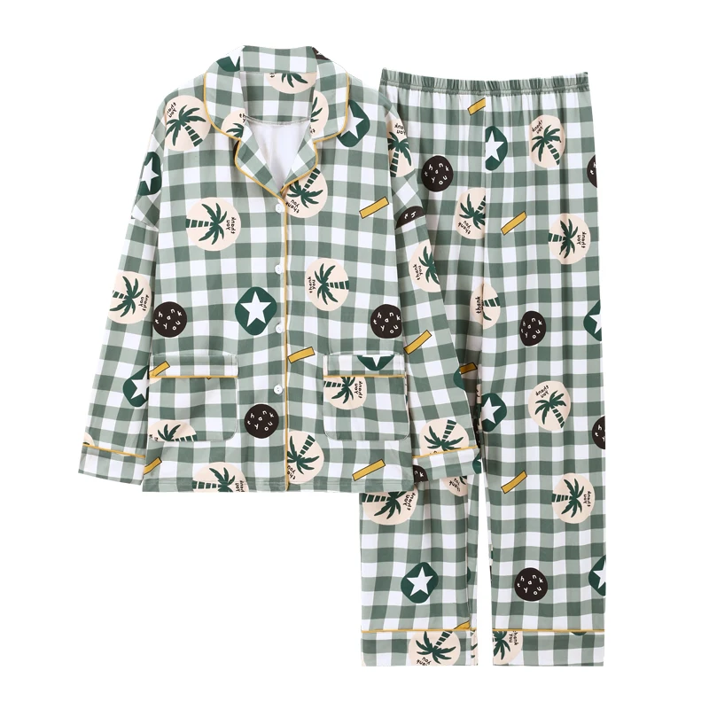 

Women Sleepwear Plus Size 3XL Loose Version Pajamas Lapel Spring Fall Pyjamas Cotton Nightgown Cartoon Nighty Long Sleeve THIN