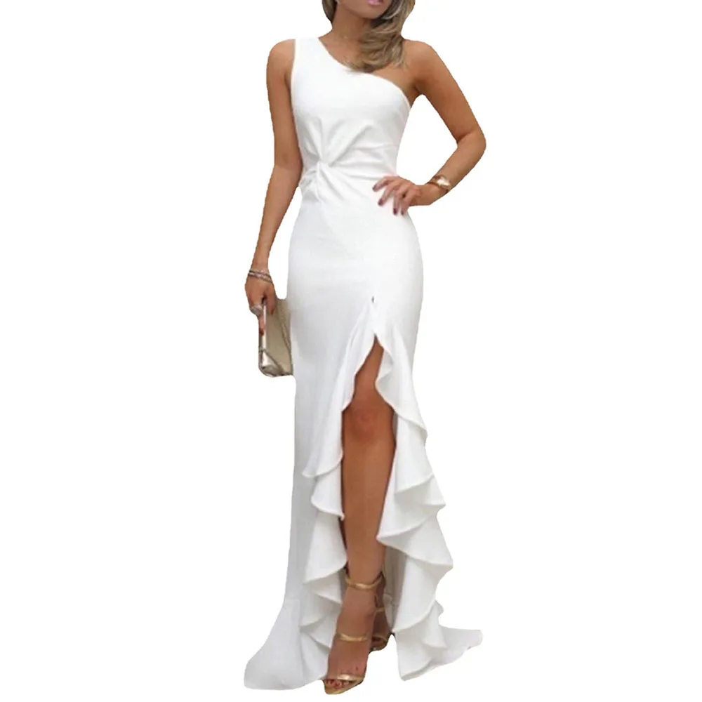 

Europe America New Oblique Shoulder Irregular Split Fork Ruffle Solid Color Swing High Waist Women's Dress Sexy Sleeveless