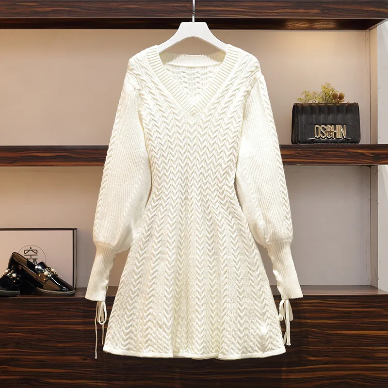 

CBAFU women's slim v-neck knitted dresses loose long sleeved twist pattern pullover sweater dress knitting jumper vestidos Q020