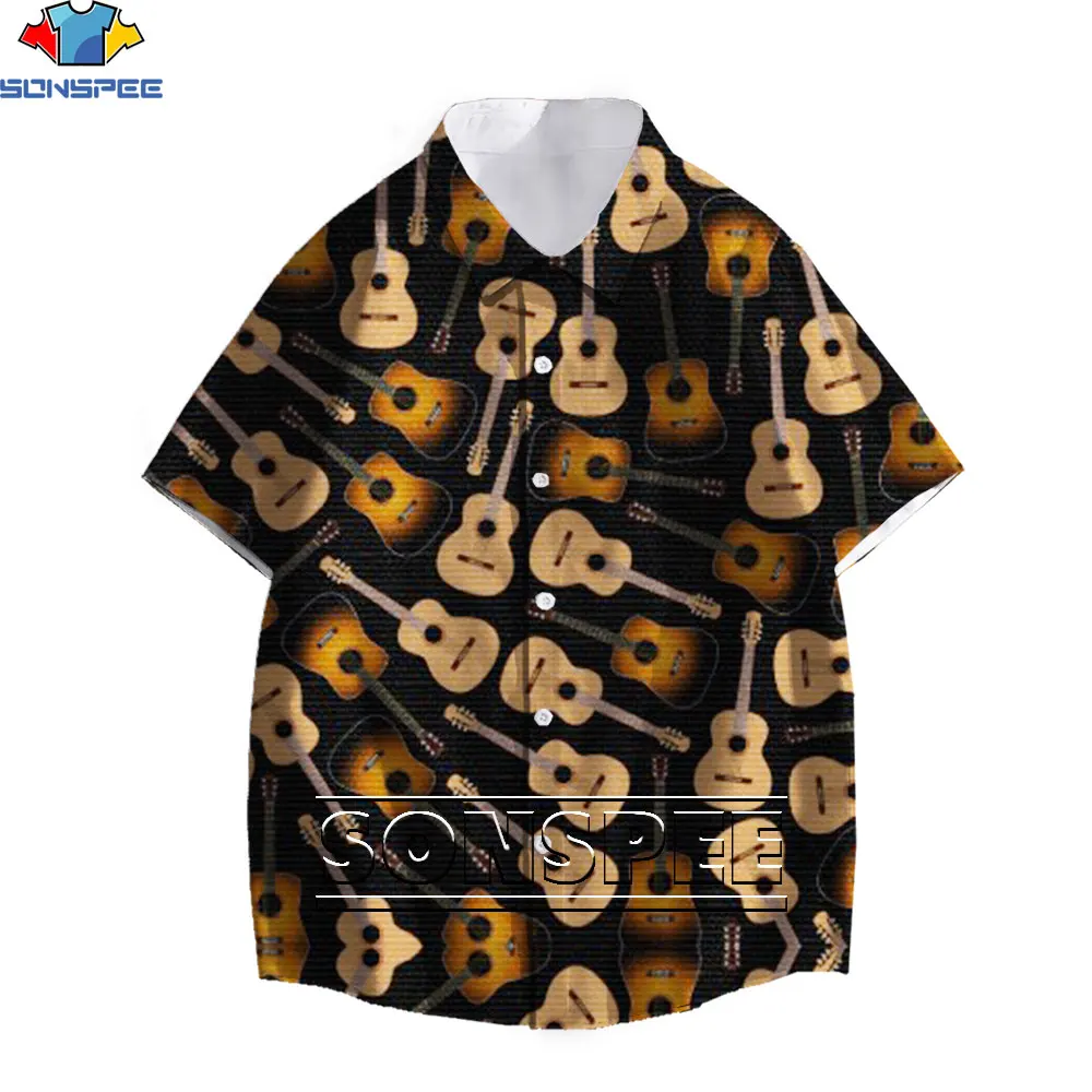 

SONSPEE Guitar Musical Instrument Print Hawaiian Shirts Men's Summer Short Sleeve Beach Shirt Hip Hop Harajuku Oversize Tops
