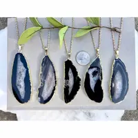 NM31417 Black Agate Necklace Large Black And White Quartz Pendant Gold Plated Boho Long Layering Oval Chunky Agate Necklace