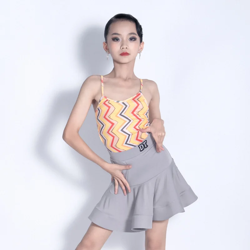 

Latina Dance Bodysuit Girls Gray Latin Practice Skirt Stage Costume Designer Clothes Salsa Dancewear Tango Dance Outfit JL3187