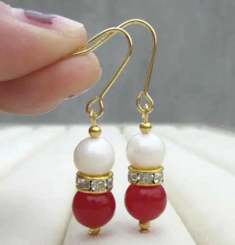 

Genuine White Pearl & Red Jade Bead Lever Back Earrings