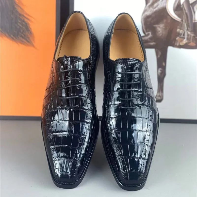 Autentico esotico pelle di coccodrillo punta quadrata Designer scarpe eleganti da uomo scarpe in vera pelle di alligatore uomo stringate Oxford