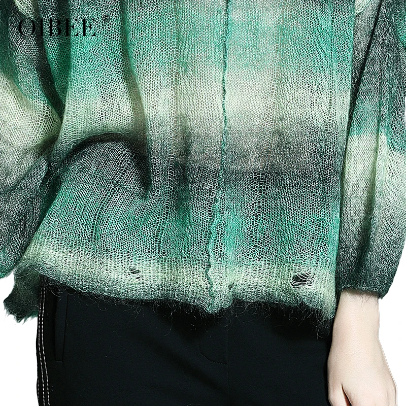 

OIBEE2019 spring and autumn new women's fashion mohair rainbow strip loose large size pullover sweater women