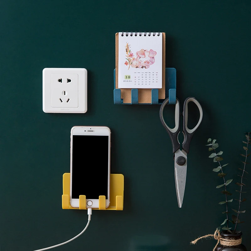 

Wall Mounted Hook Hanging Shelf Rack for Smartphone Storage Paste Style Toothbrush Rack Charging USB Cable Key Holder 4 Hooks