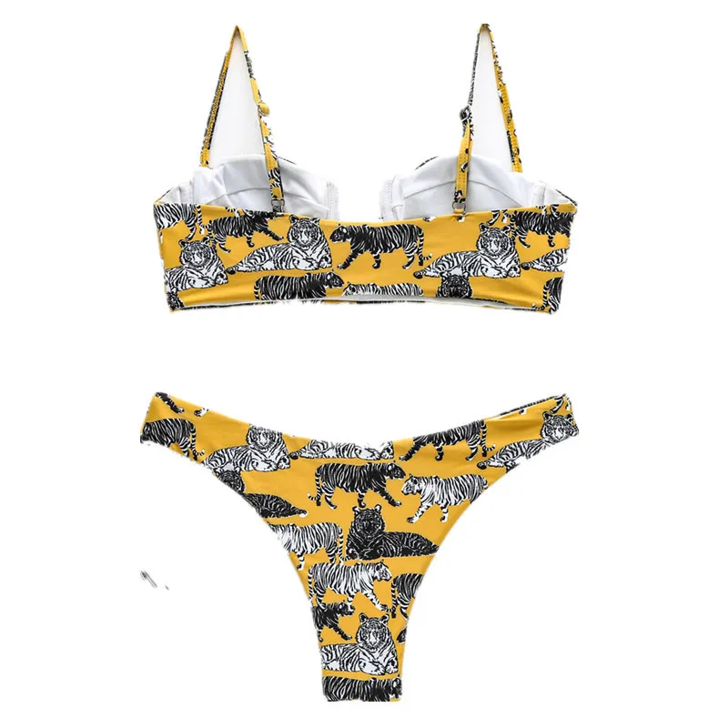 Бикини с принтом тигра треугольный вырез на косточках 2020 женский купальник
