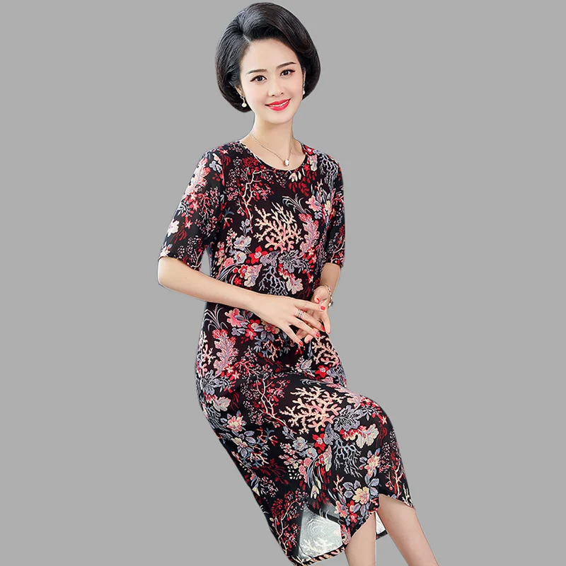 

Summer New Temperament Short Sleeve Knee-length Dress Vintage Large Size L-5xl Print Dress Fashion Chiffon O-neck Dress Women