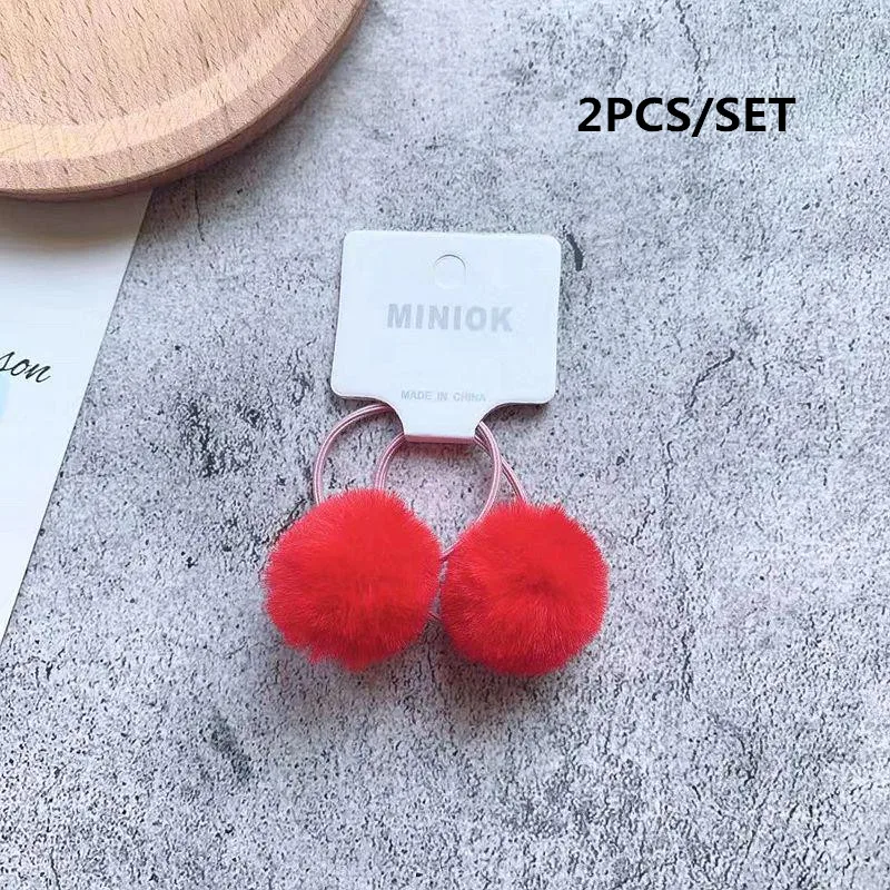 RED-2PCS 2/8/10/12 шт Для детей резинки для волос галстуки с шариками для маленьких девочек плюшевая повязка для волос Веревка для девочек Аксессуары резинки для волос - Цвет: RED-2PCS