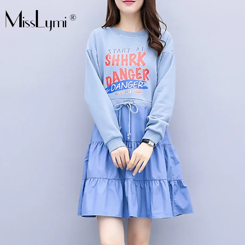 XL-5XL плюс размер женское синее Повседневное платье осень 2019 модный принт длинный