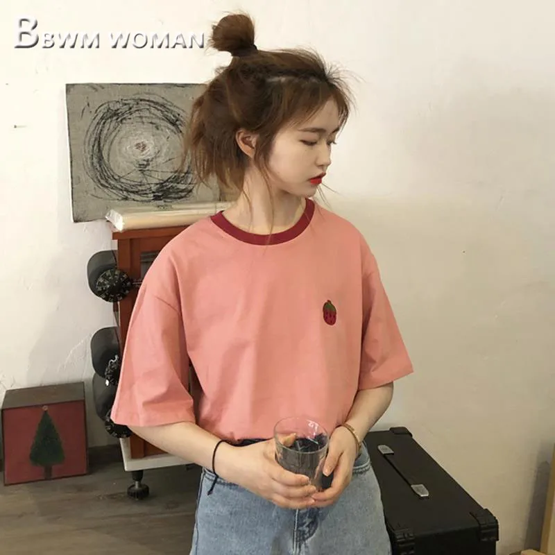 Корейская Летняя женская футболка клубника популярные женские футболки