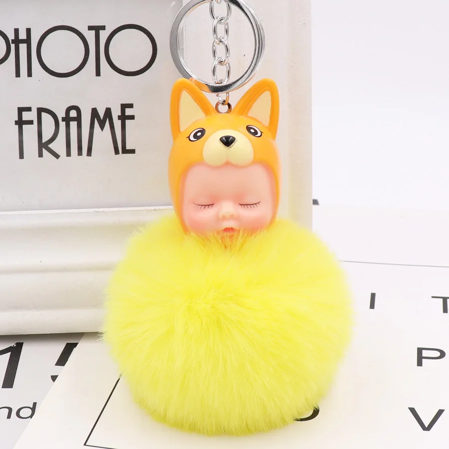 Cartoon Cute Rabbit ears Baby Doll Keychain Flower Pompom Fur Ball Key Chain Fluffy Car Keyring porte clef Bag Ring | Украшения и