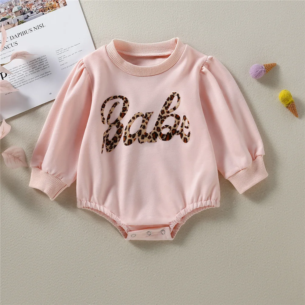 

3-24 Months Spring Autumn Baby Toddler Girls Romper Round Neck Long Sleeve Leopard-Letter Print Bodysuits Kids Pink Jumpsuits