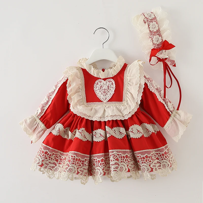 

2PCS Toddler Girl Lolita Princess Dresses Children Red Spanish Frock Autumn Baby Girls Christmas Dress up Infant Spain Vestidos