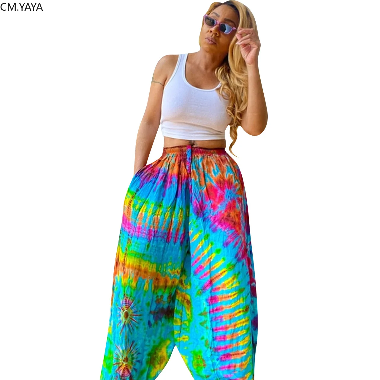 Женские свободные брюки в стиле хип-хоп CM.YAYA черные уличном с принтом пляжные