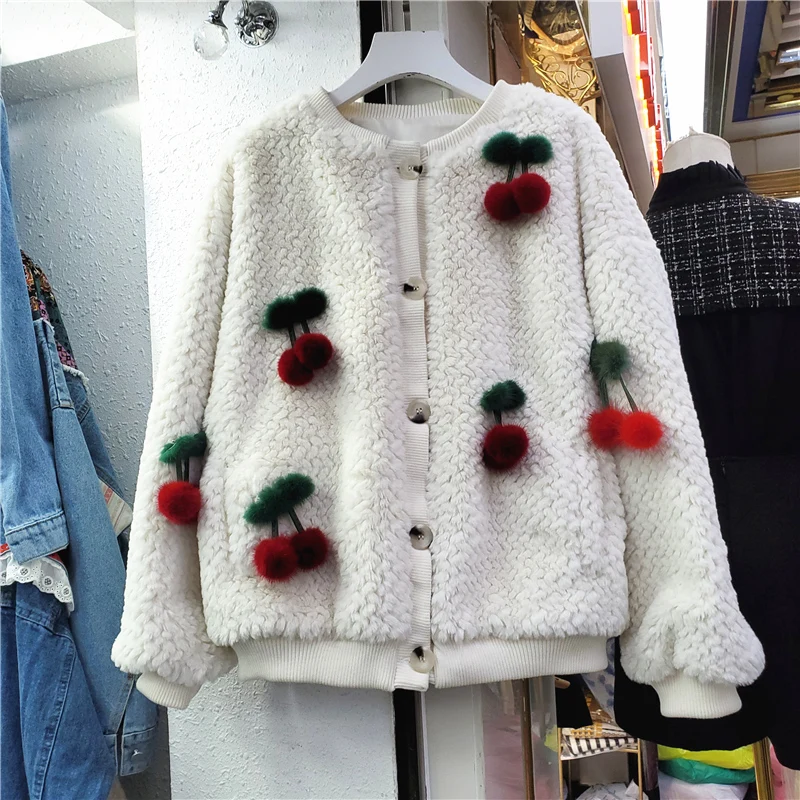 

Куртка-бомбер с длинным рукавом, однобортная, с о-образным вырезом, украшенная вишенками, осень из норкового кашемира, меховое