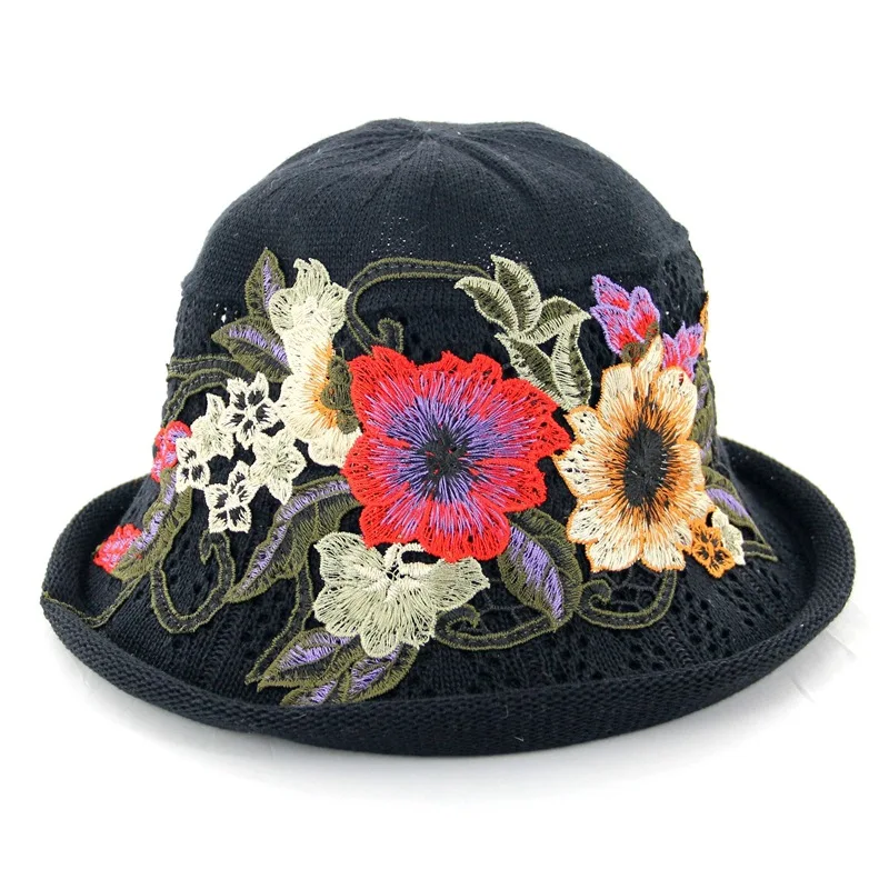 Вязаная шляпа летняя женская в рыбацком стиле от солнца с вышивкой