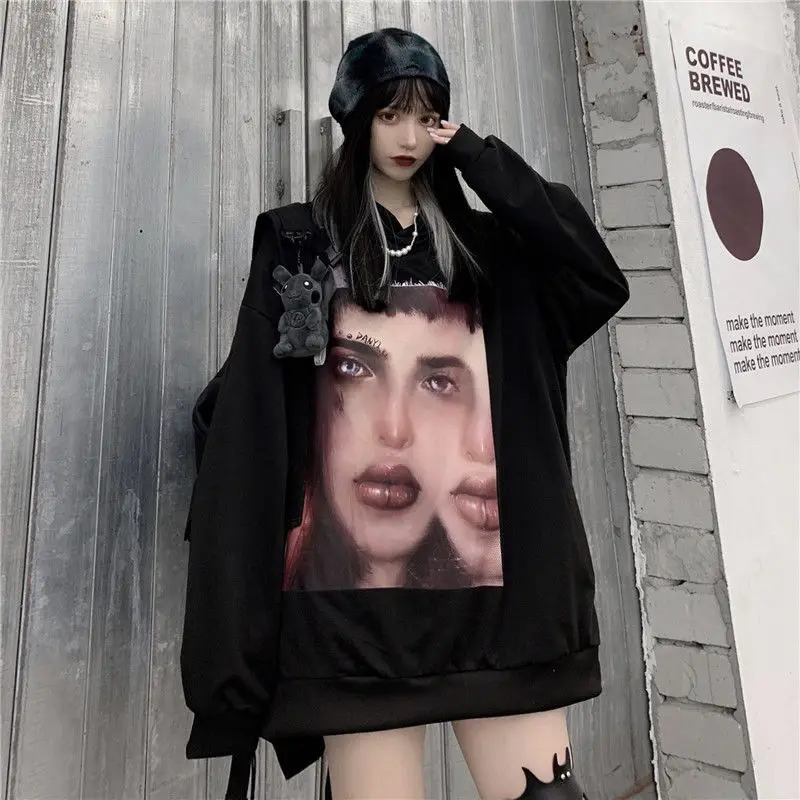 

Amine Sweatshirts Casual Autumn High Street Bear Hoodies Funny Harajuku Tops Cartoon Punk Hoodie Streetwear Black Hip Hop Women