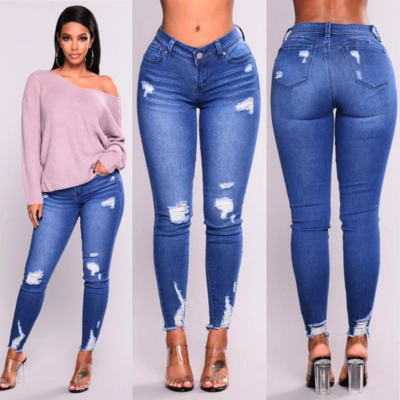 

Модные рваные джинсы с дырками, женские узкие синие джинсовые брюки-карандаш с завышенной талией, женские эластичные джинсы с эффектом поте...