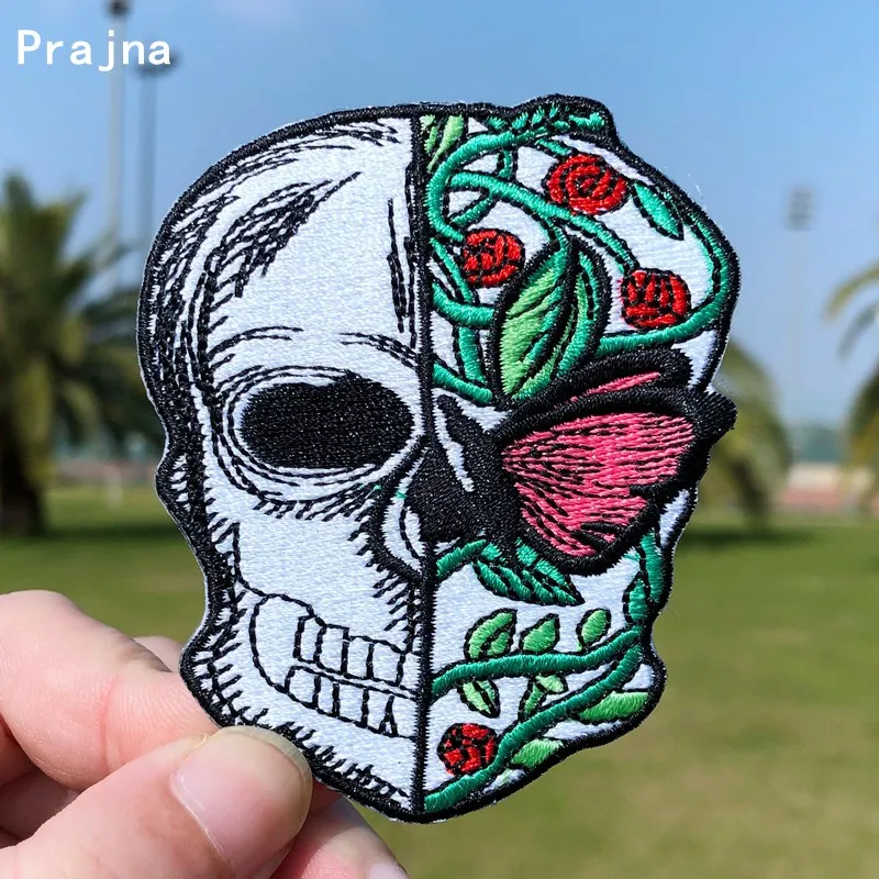 Prajna череп нашивки в виде Розы железа на вышитые патчи для одежды панк Рок змея