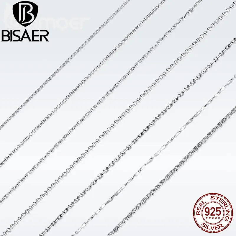 BISAER, 10 видов стилей, 925 пробы, серебряная цепочка, ожерелье, длинное женское ожерелье, воротник на День святого Валентина, ожерелье для девочек, Серебряное ювелирное изделие, S925, 45 см