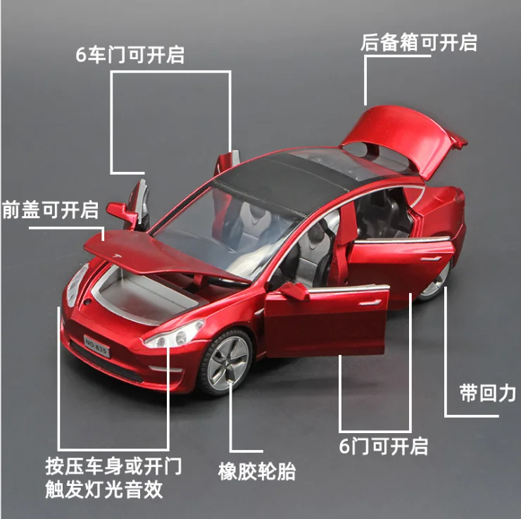 32 Модель автомобиля Tesla Model3 из сплава с эффектом света и звука, отзвуком. Детская игрушка для мальчика в синем цвете в подарок на день рождения.