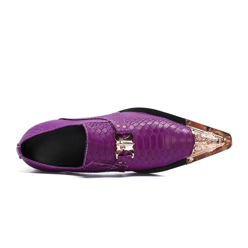 

Genuine Leather Snake pattern Men Metal buckle Casual Oxford Shoes Men's Gold toe Loafers Party Wedding purple Men Dress Shoes