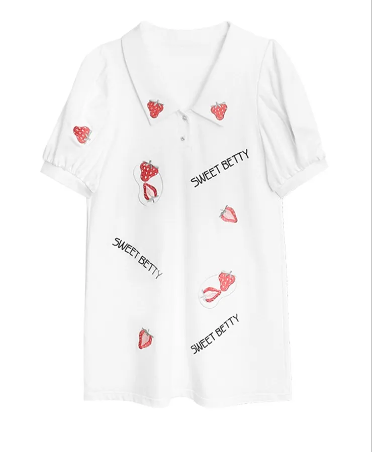 

White Strawberry Polo Medium Length Dress for Women 2020 New Summer Style Retro Bubble Sleeve Square Neck Sweet First Love Skirt
