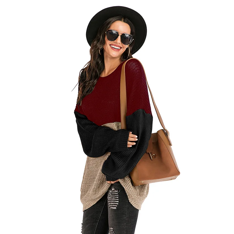 

WITHZZ Women's Autumn Winter Contrasting Color Long Loose Round Neck Sweater Pullover Sweater