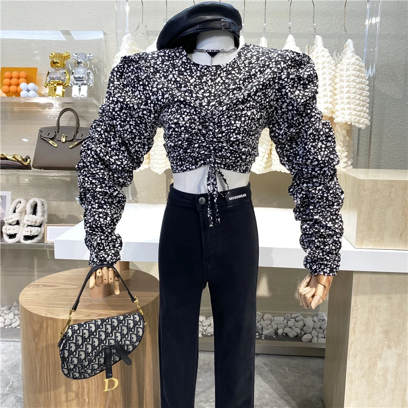 

Новый бренд оригинальный дизайн экзотический милый плиссированный Цветочный Топ 2021 Облегающая рубашка с высокой талией пупка с открытыми ...