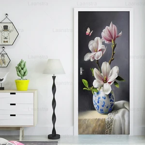 Oil Painting Magnolia Butterfly Door Stickers 3D Wallpaper Bedroom Living Room Door Decor 3D Deals PVC Self-adhesive Waterproof
