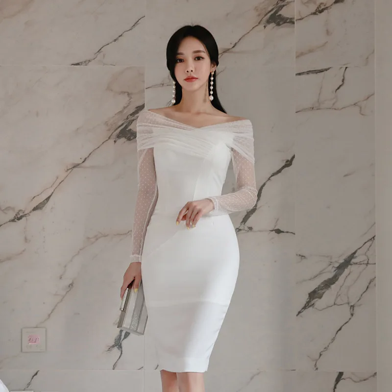 

Big Size Lace Patchwork Wrap White Dress Women Long Sleeve Solid Dinner Dress for Women Elegant Casual Dress Autumn Winter 2019