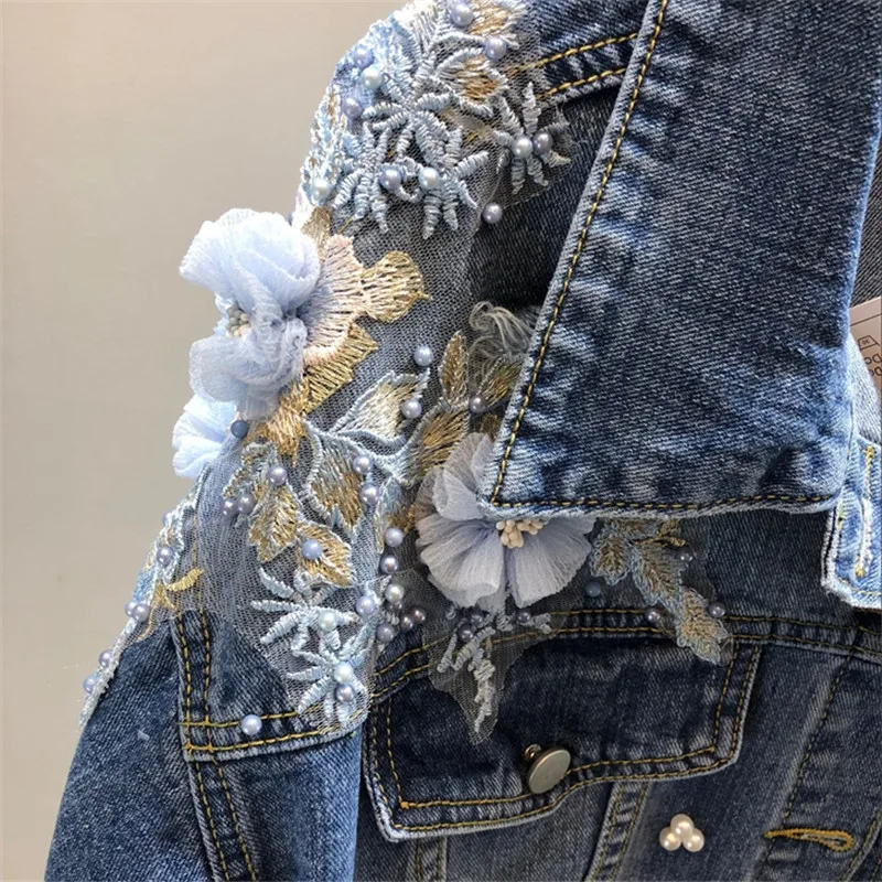 

2020 Spring Autumn Jeans Jacket Coat Woman New Heavy Stereo Pink Flower Embroidered Hole Denim Jackets Women Basic Coats R700