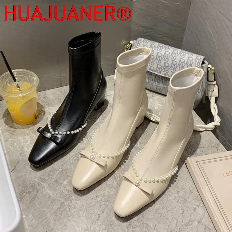 

2022 Elegant Women 5cm Block High Heels Ankle Boots Sweet Lady Winter Beige Heels Soft Leather Pearl Chelsea Boots Party Shoes