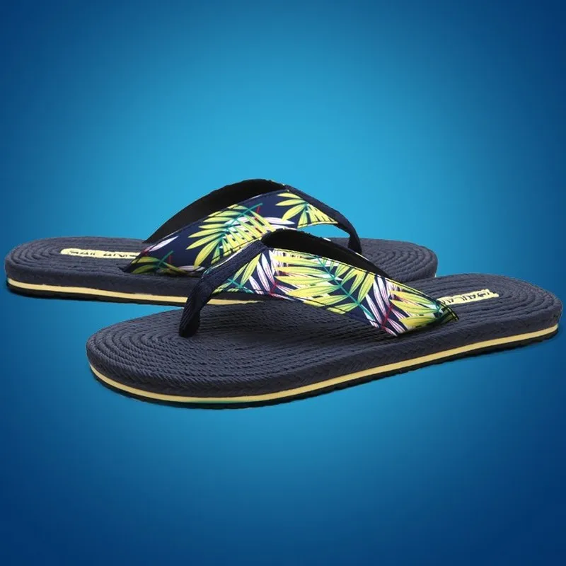 

EPHER Mens Tropical Leaves Beach Slides Rope Insole Lightweight Non-Slip Slippers Casual Flip Flops Toe Gripper Beach Footwear