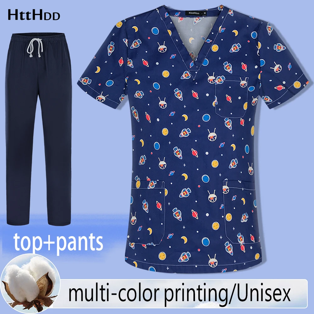 

Scrubs Tops V-Neck Pet Beauty Salon Uniform Spa Shirt Print Scrub Tops 100%Cotton Health Workers Clothes Nurse Uniform Wholesale